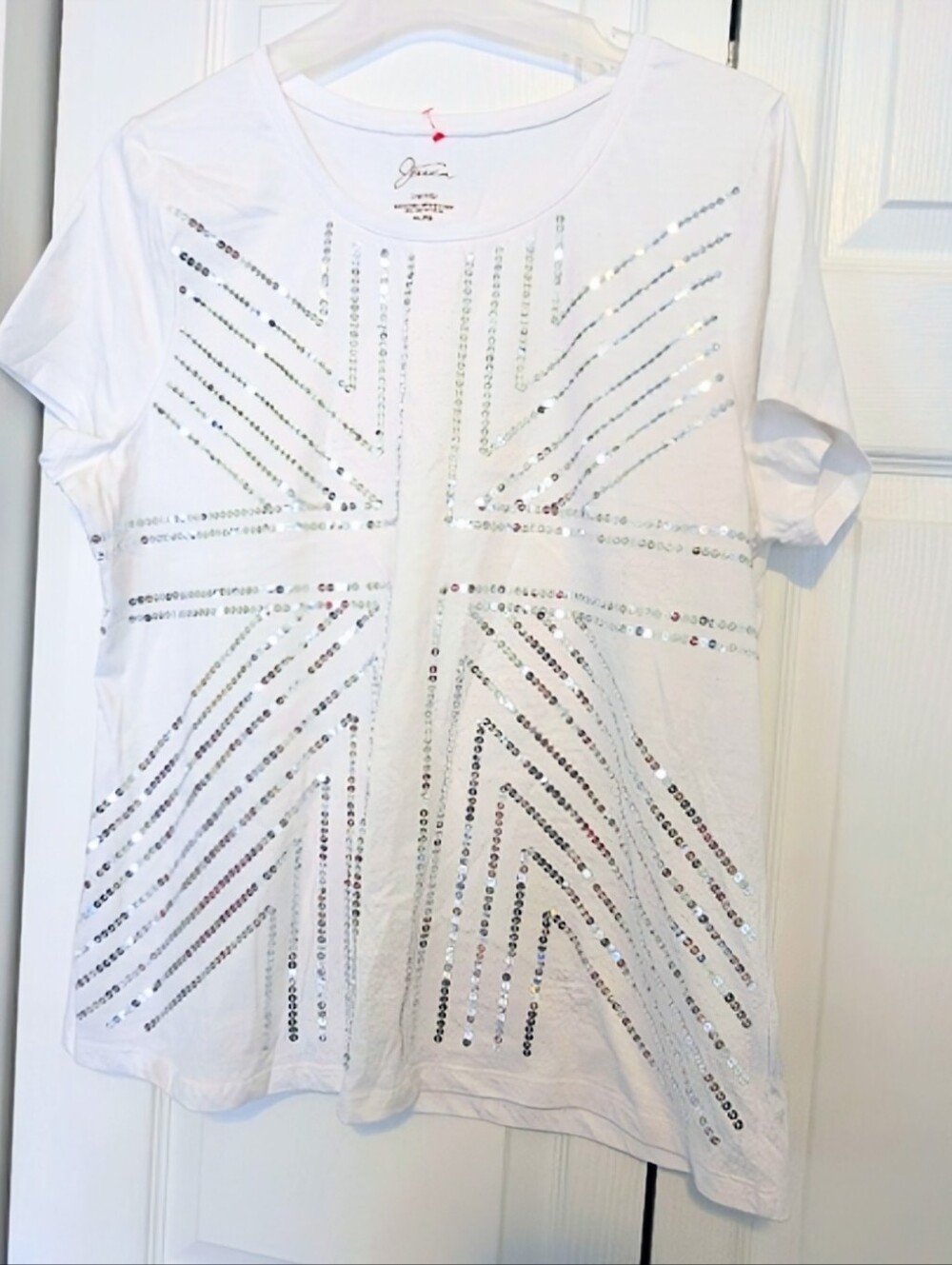 Nwot Jessica White Short Sleeve Tee with Silver Sequin Design Size XL